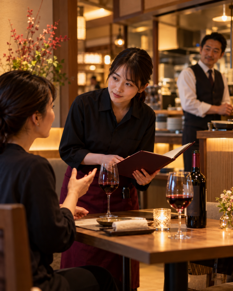 飲食店の客席でワインの希望を聞くスタッフと、奥で見守る店長