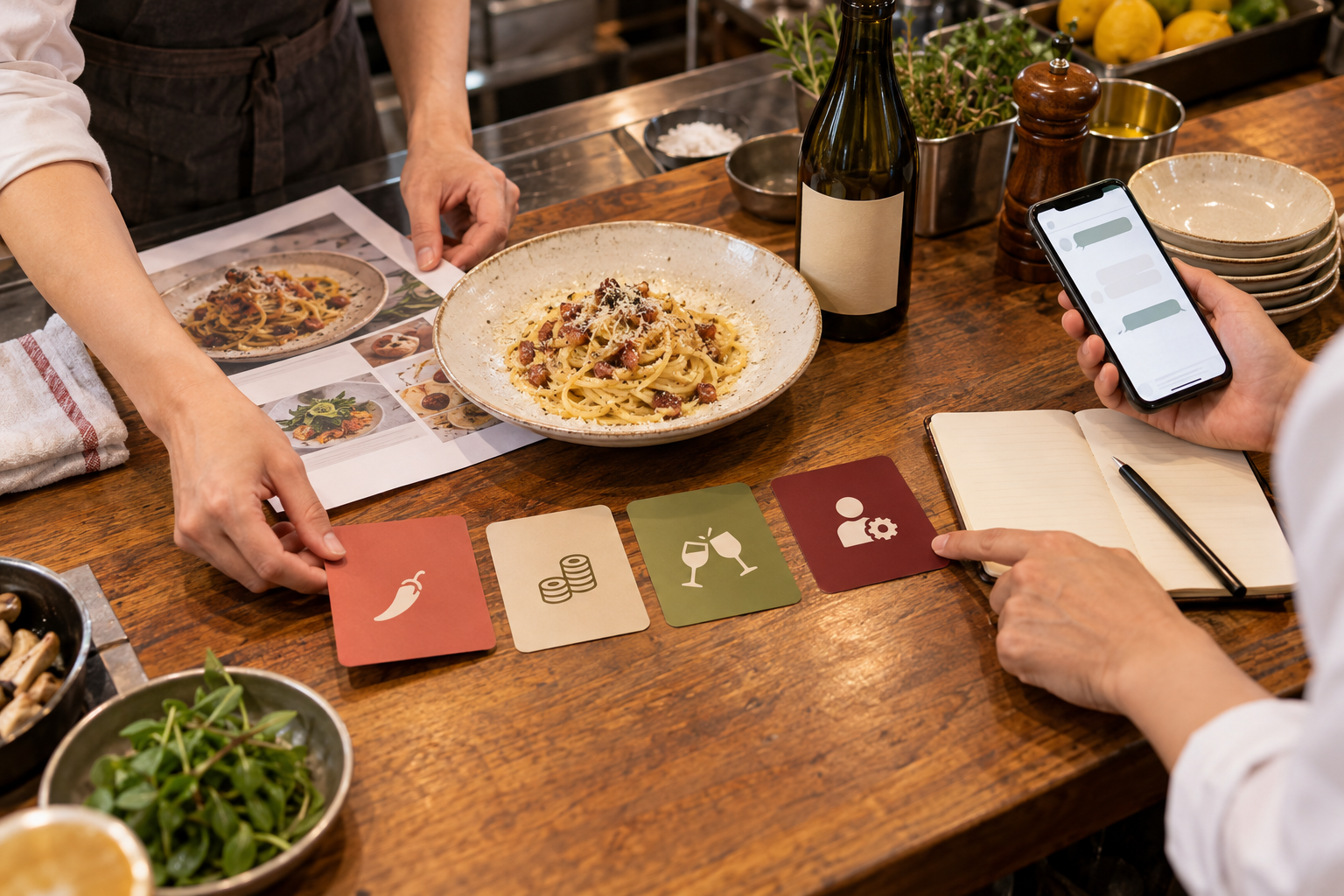 営業前のテーブルで、スタッフがパスタ料理、ワイン、四つの情報カード、共有用スマートフォンを照合している手元