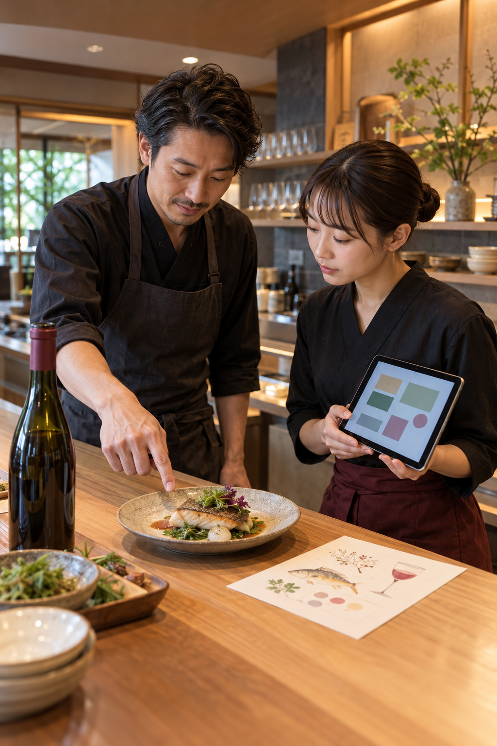 開店前の飲食店で、店長とホールスタッフが魚料理、ワイン、情報カードを見ながらメニュー登録前の内容を確認している場面