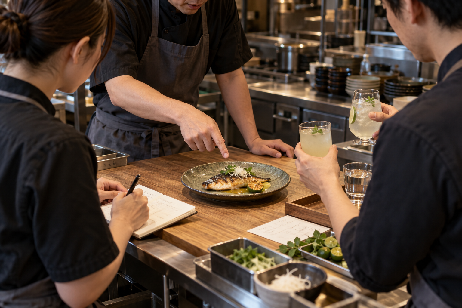 飲食店の営業前に、スタッフが魚料理と二つのノンアルコールドリンクを見比べて案内を確認している場面
