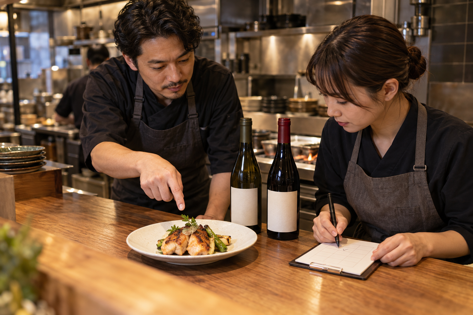 営業前の飲食店で、店長とスタッフが鶏料理一品と無地のワイン二本を前に、検証用の共有メモへ確認結果を書いている場面