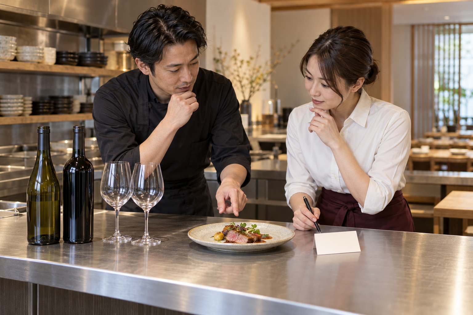 営業前の飲食店で、店長とホールスタッフが料理、二本の無地ワインボトル、グラス、メモを前に確認している場面