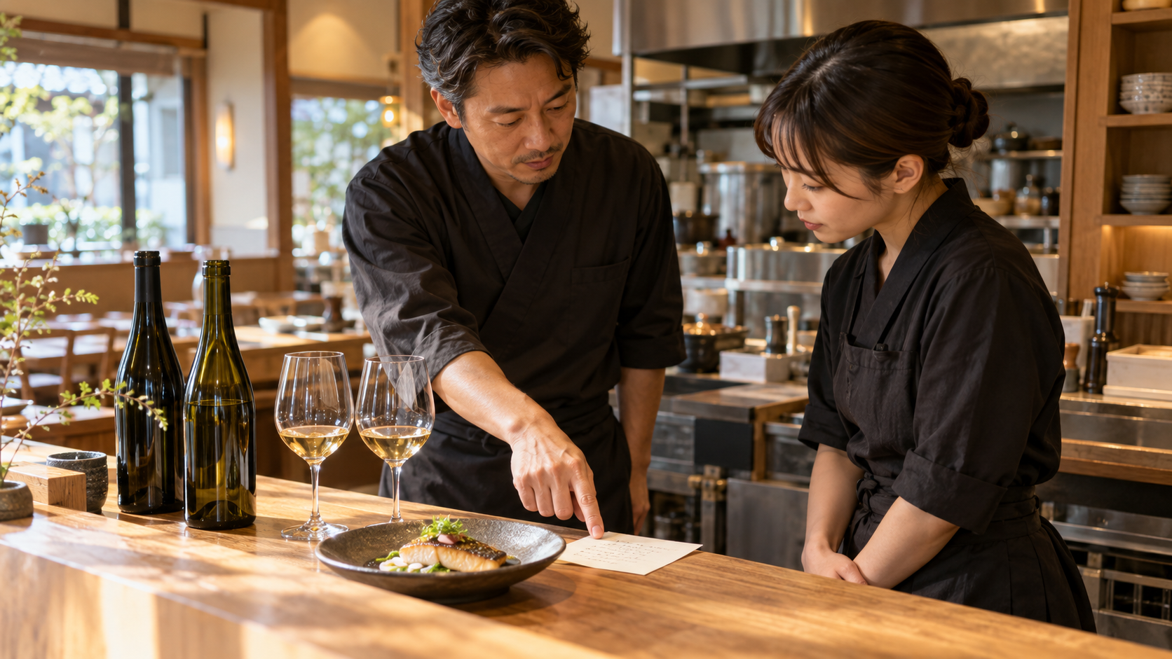 開店前の飲食店カウンターで、店長とホールスタッフが魚料理、二本のワイン、グラス、提供メモを見ながら確認している場面