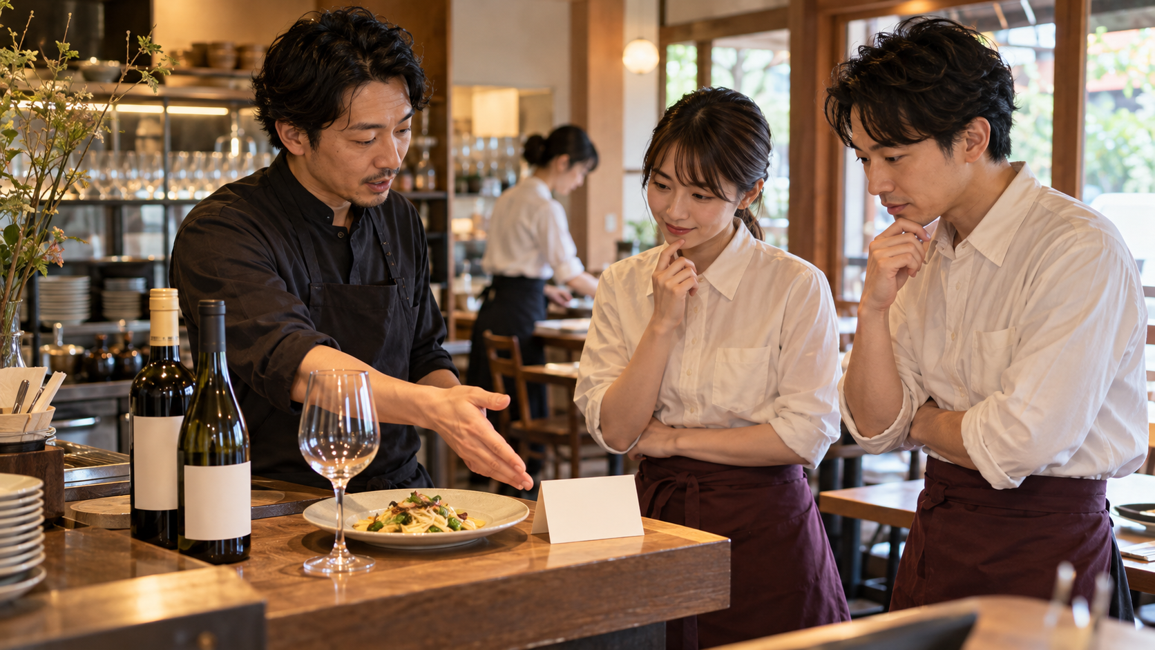 開店前の飲食店カウンターで、店長とホールスタッフ二人が料理と無記名のワインボトルを前に、接客の一言を共有している場面
