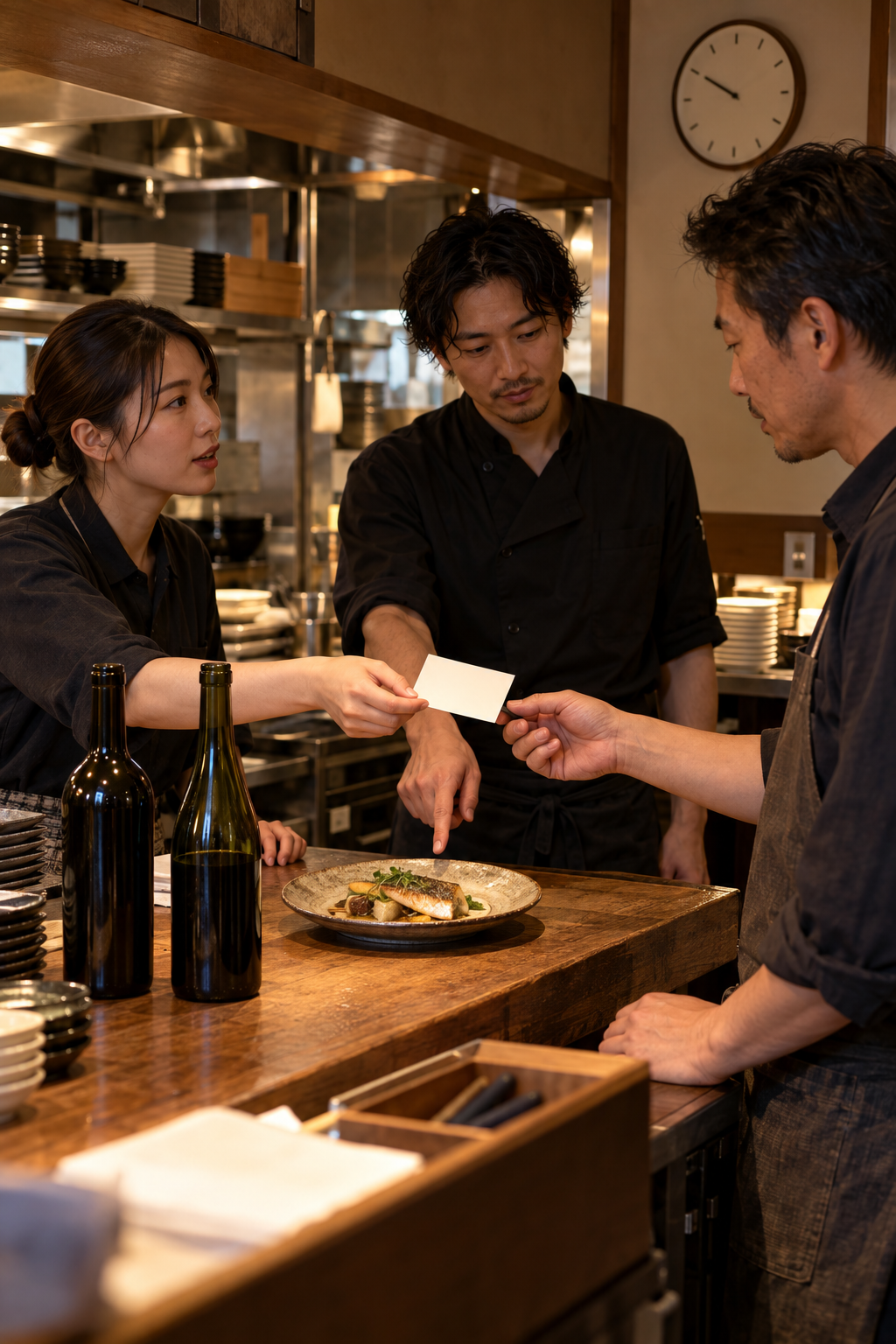 閉店後の飲食店サービス台で、スタッフ三人が魚料理と無記名のワインボトルの前で、白紙のメモを店長へ手渡している場面