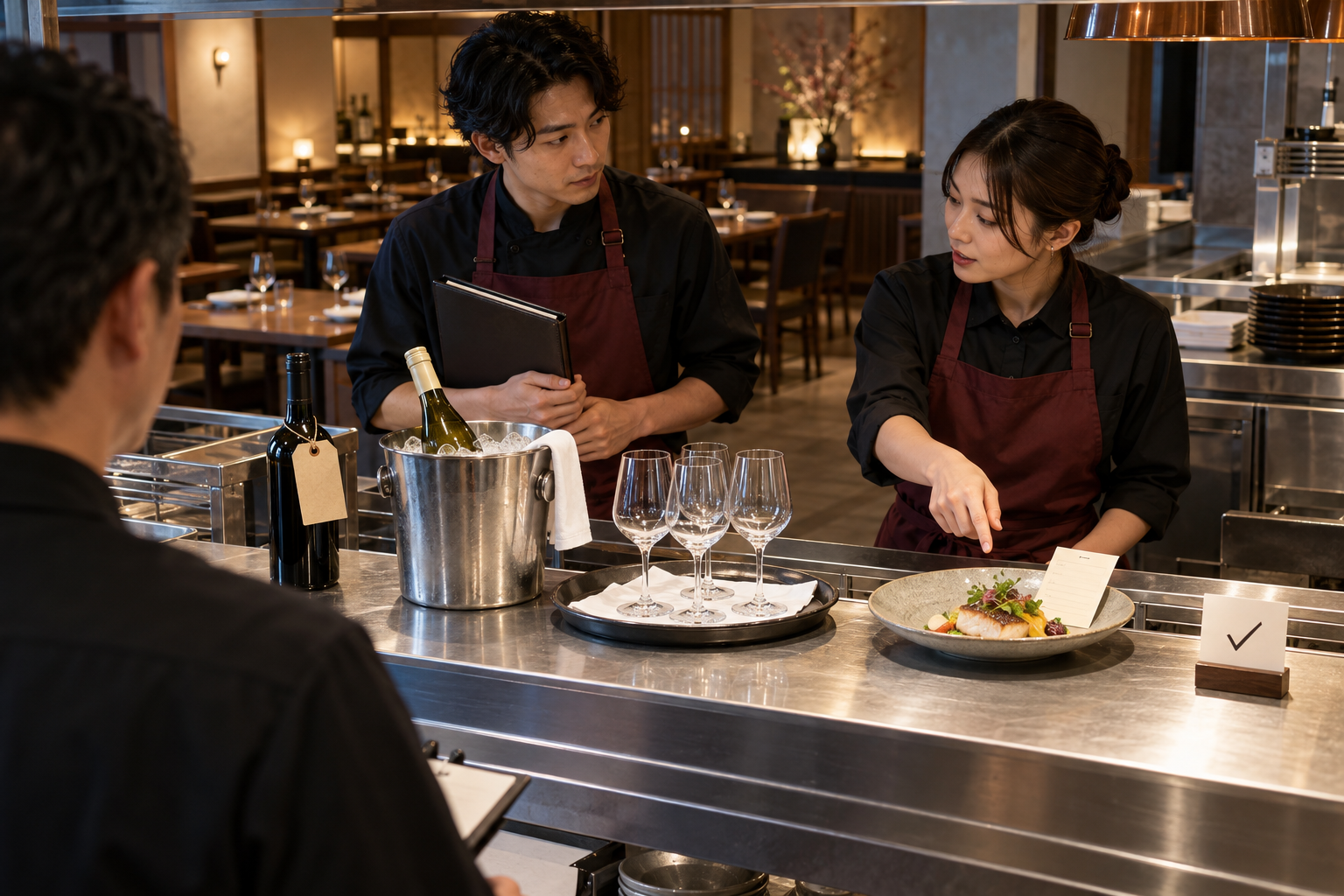 営業前のサービスパスで、三人のスタッフが冷えたワイン、グラス、主力料理、確認カードを前に引き継ぎをしている場面