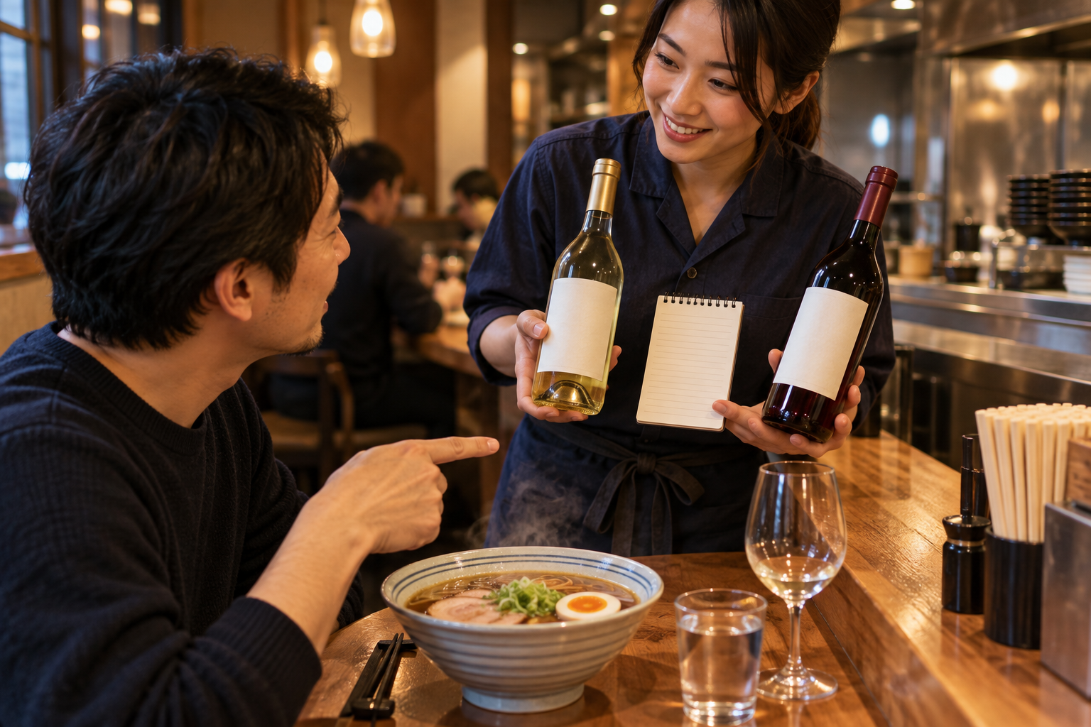ラーメン店のカウンターで、ホールスタッフが醤油ラーメンを前にしたお客様へ白と赤の候補ワインを短く案内している場面