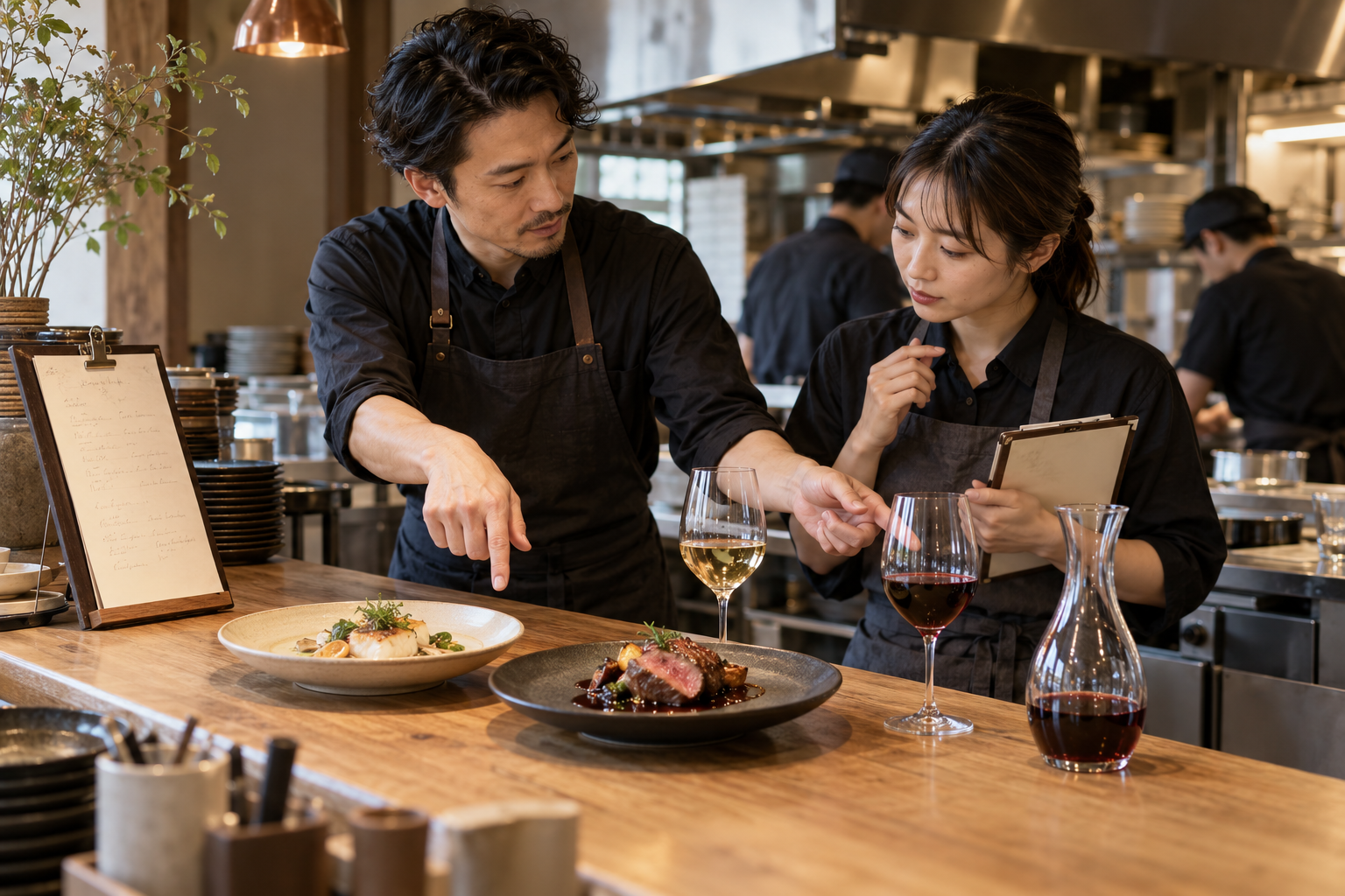 営業前の飲食店で、店長とホールスタッフが魚料理と肉料理、赤白のグラスを前に接客の確認をしている場面