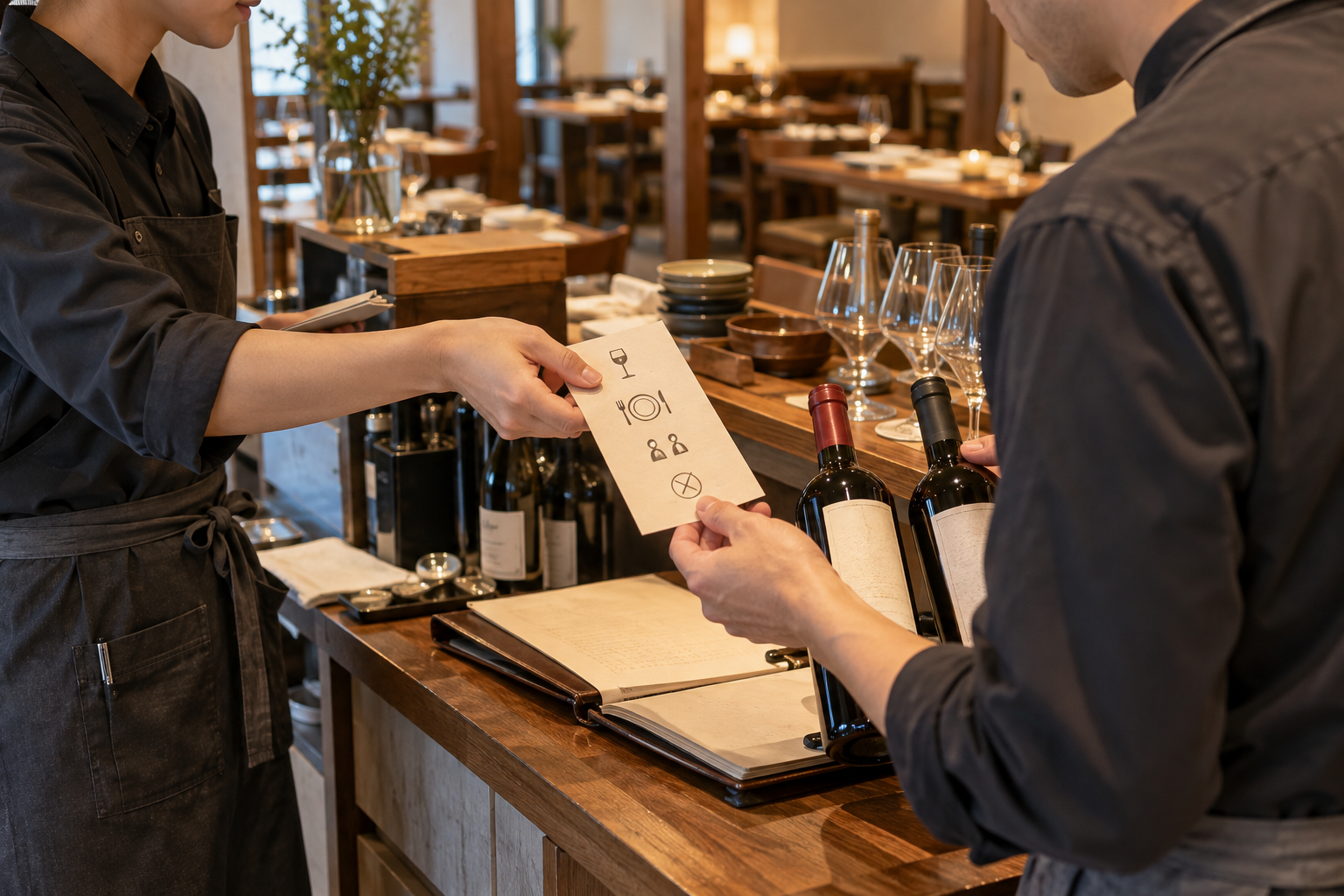 開店前の飲食店で、予約担当者が乾杯・料理・人数・避けたい条件を示す予約メモをフロアスタッフへ渡し、二本のワインを確認している場面