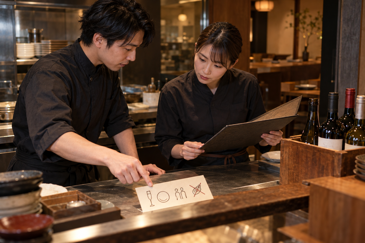 開店前の飲食店で、二人のスタッフが予約カードとメニューを見ながらワインの提案準備を共有している場面