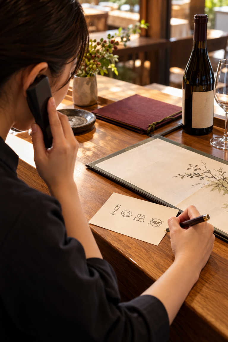 飲食店の予約担当が電話でワインの希望を聞き、乾杯・料理・人数・避けたいものを示すカードへ記録している場面