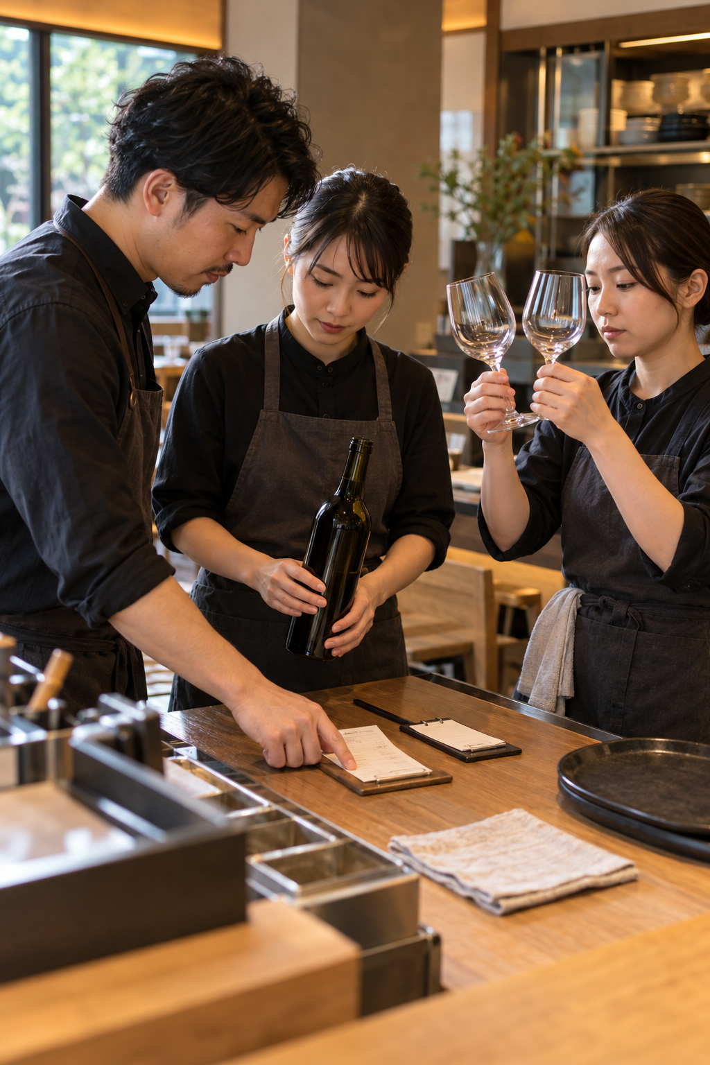開店前の飲食店サービス台で、スタッフ三人がワインボトル、空のグラス、注文票を確認している場面