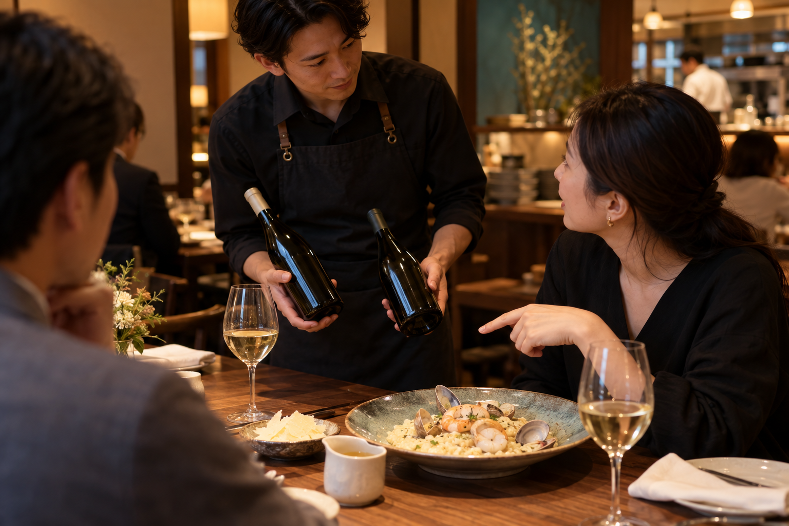 飲食店の客席で、ホールスタッフが魚介リゾットを指すお客様へ二本の候補ワインを案内している場面