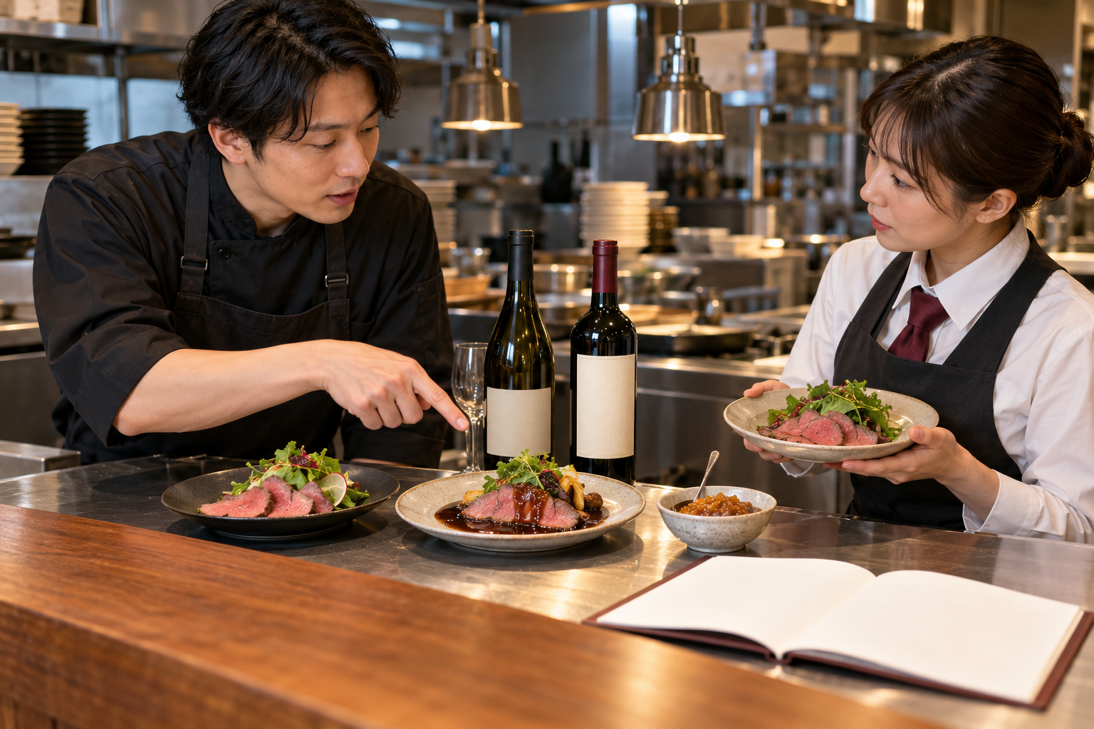 飲食店の営業前、二人のスタッフが冷製と温製のローストビーフ、ソース、二本のワインを並べて確認している場面
