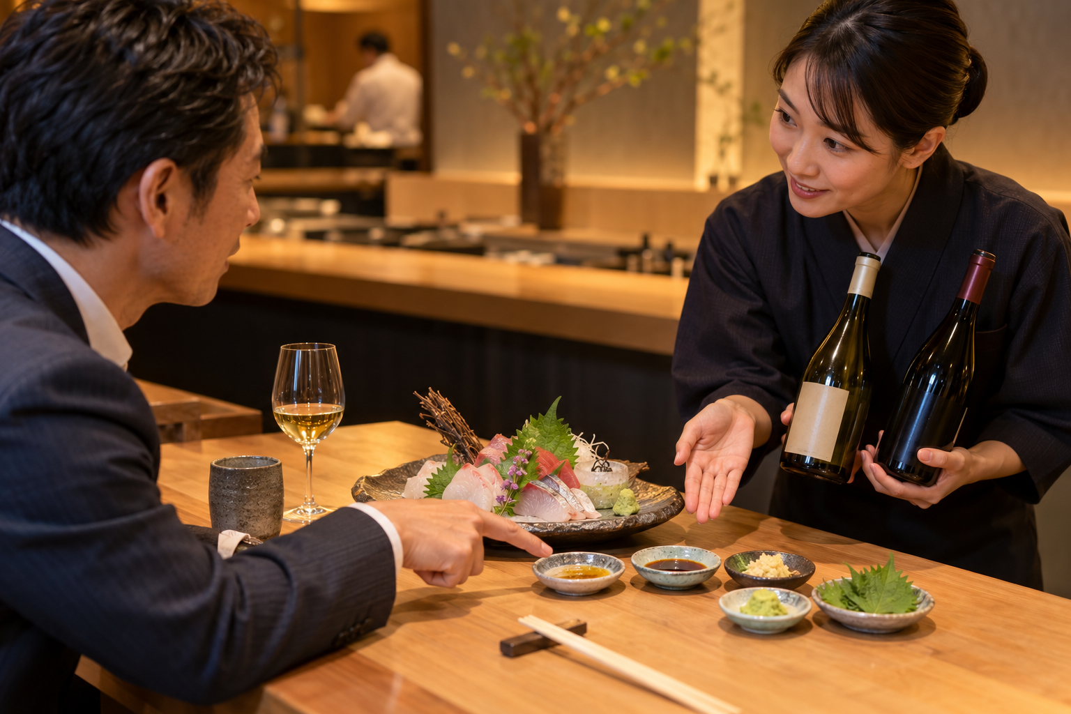 飲食店のテーブルで、刺身、醤油、薬味、ごま油と二本のワインを並べ、スタッフがお客様と味付けを確認している場面