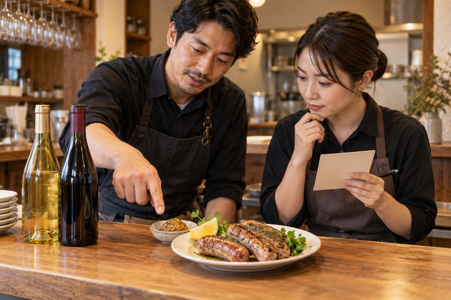 開店前のビストロで、店長とホールスタッフが香辛料のあるソーセージ、マスタード、レモン、二本のワインを見比べている場面