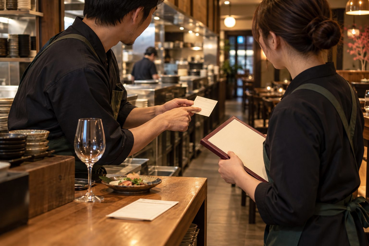 飲食店の引き継ぎカードに料理と提案済みのワインを記入するスタッフ