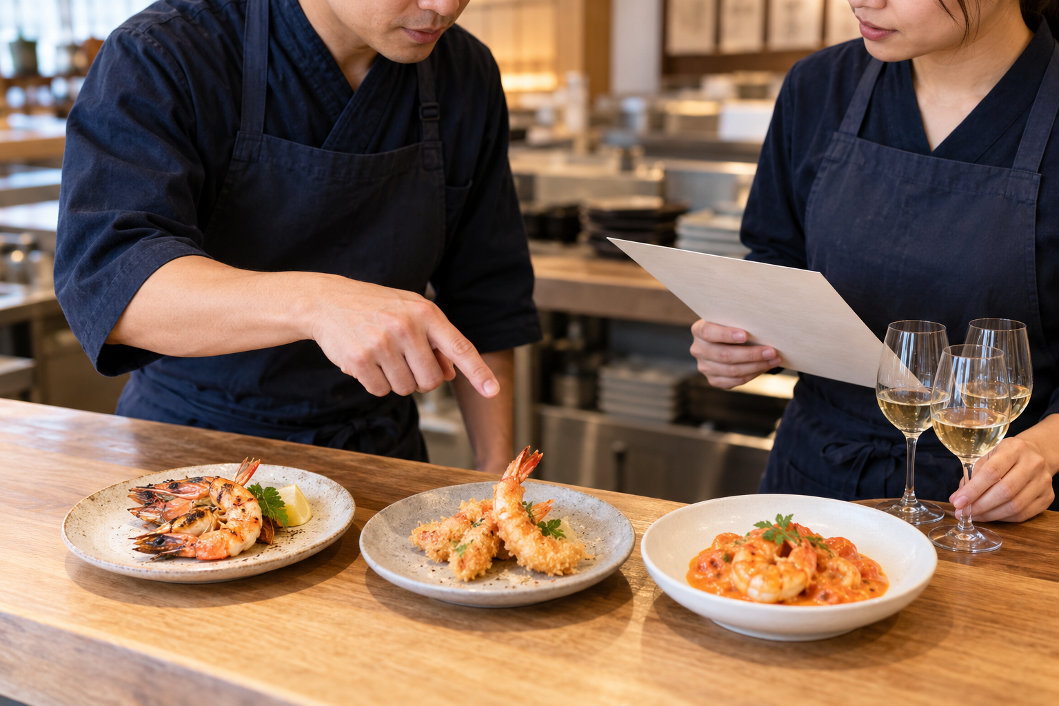 営業前の飲食店で、店長とホールスタッフが焼いたエビ、揚げたエビ、クリームソースのエビ料理を前にワイン接客を確認している場面