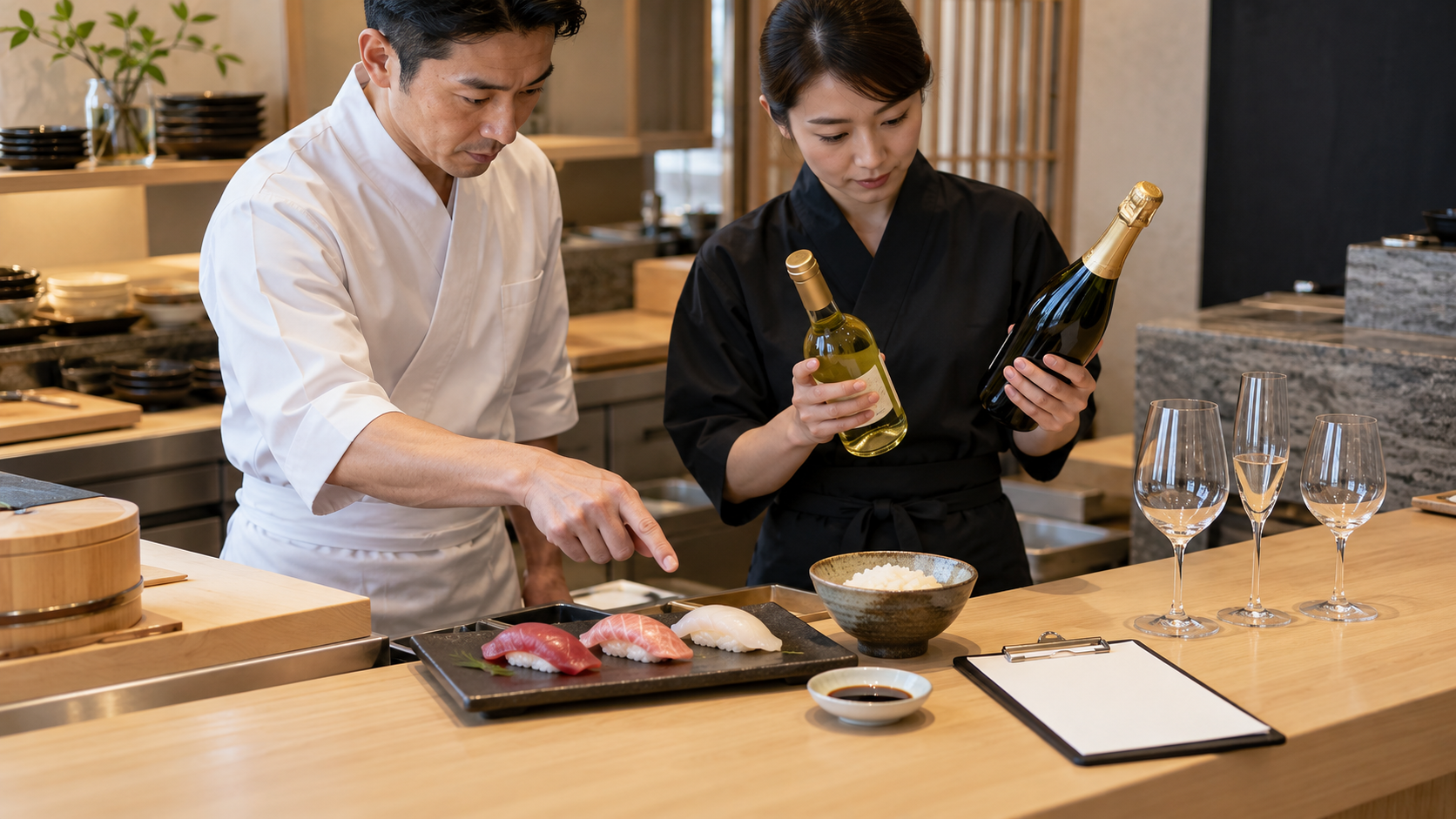 開店前の寿司店で、寿司職人とホールスタッフが三種の握り、酢飯、醤油、白ワインとスパークリングを並べて候補を確認している。