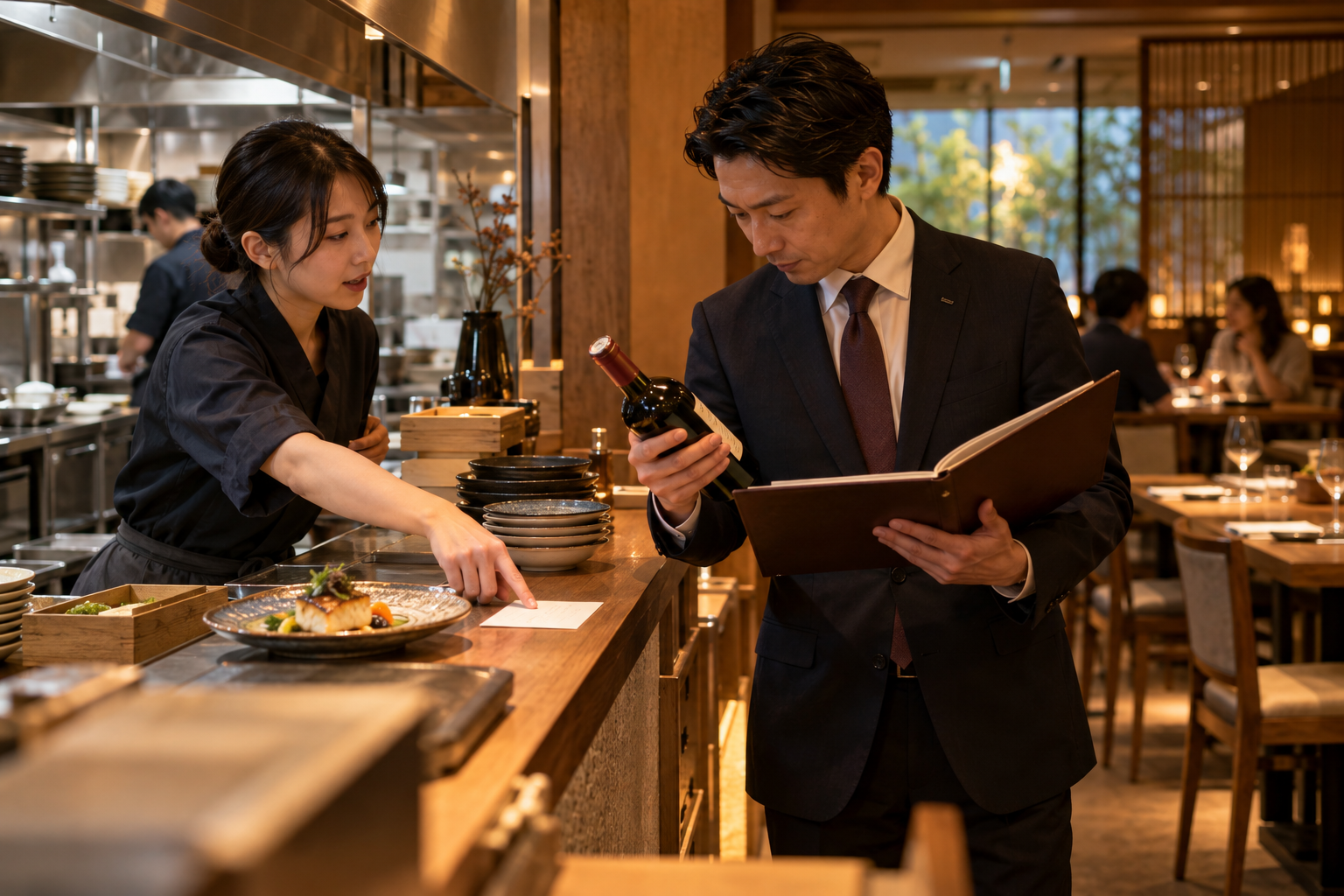 飲食店のサービス台で、スタッフが料理と短いメモを指し、責任者がワインボトルとメニューを確認している引き継ぎの場面