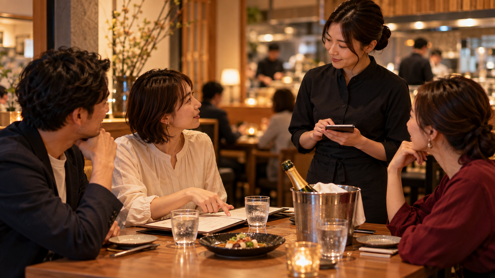 飲食店の三人客がメニューを見ながら、ホールスタッフに乾杯の飲み方を相談している場面。テーブルには未開栓のボトルと水のグラスがある。