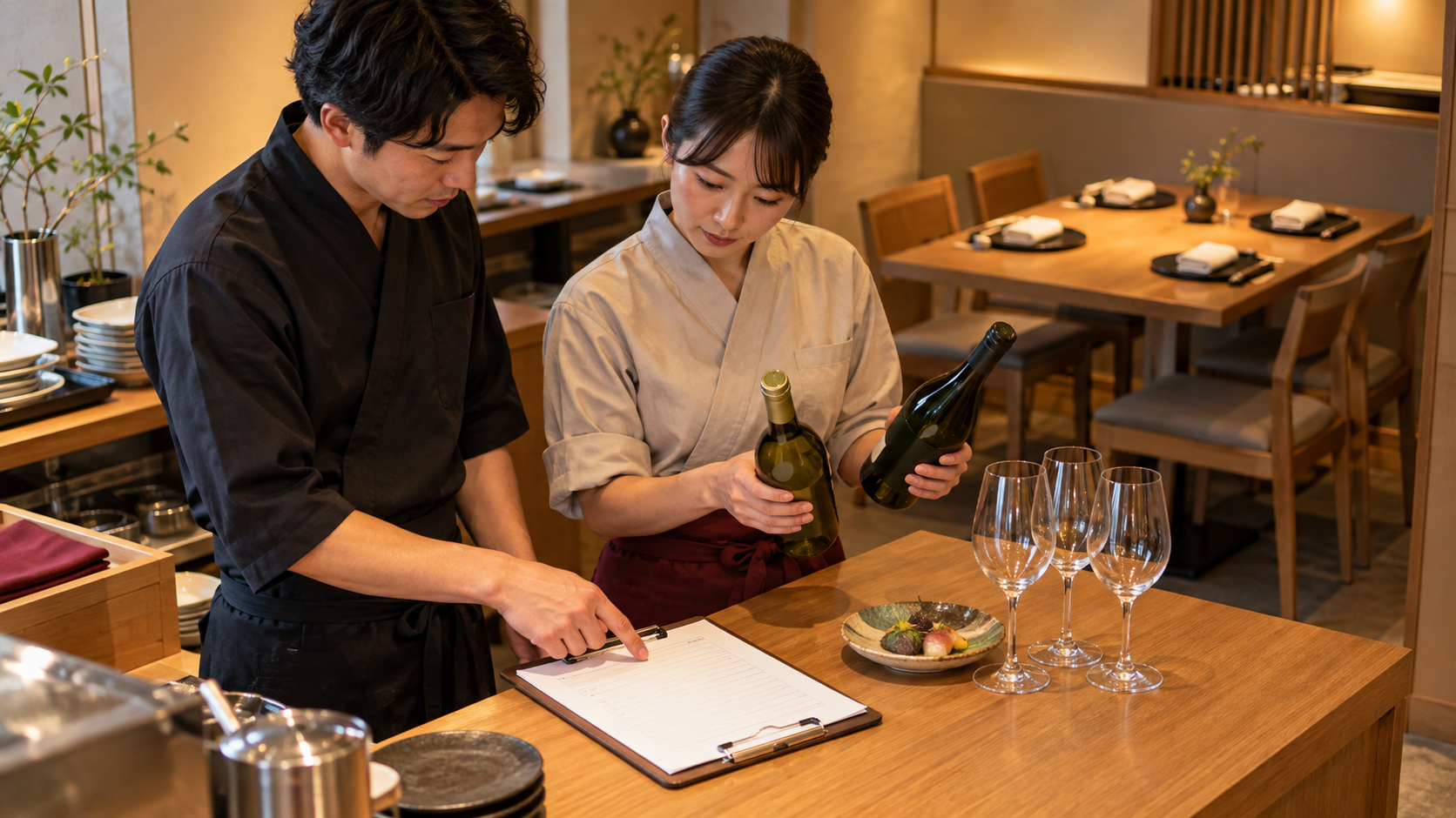 開店前の飲食店で、二人のスタッフが二本のワイン、三つのグラス、前菜、確認用クリップボードを見ながら乾杯用の候補を準備している場面。