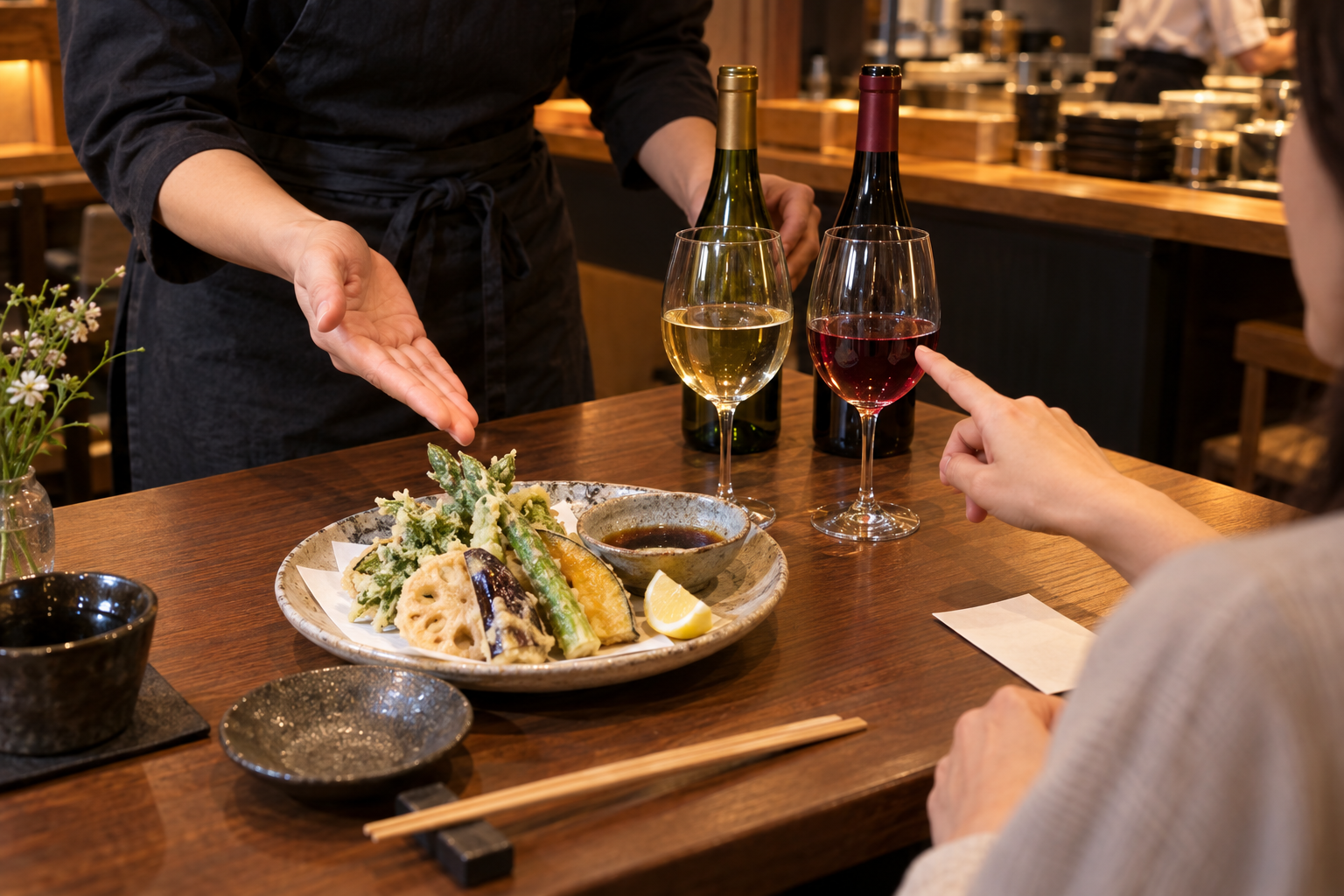 野菜の天ぷら、レモン、ソースを前に、飲食店スタッフがお客様へ白と軽い赤の二択を案内する場面