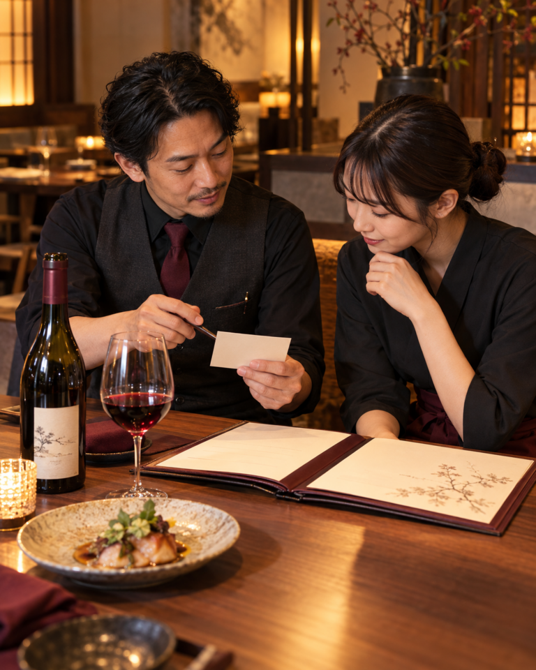 飲食店の店長とホールスタッフが、ワインボトル、料理、メニューを前に営業後の接客メモを一緒に見ている場面