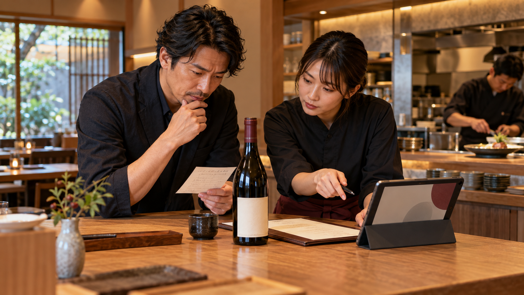 開店前の飲食店で、店長とスタッフがワインボトル、メニュー、共有メモ、タブレットを前に提案の確認範囲を相談している場面