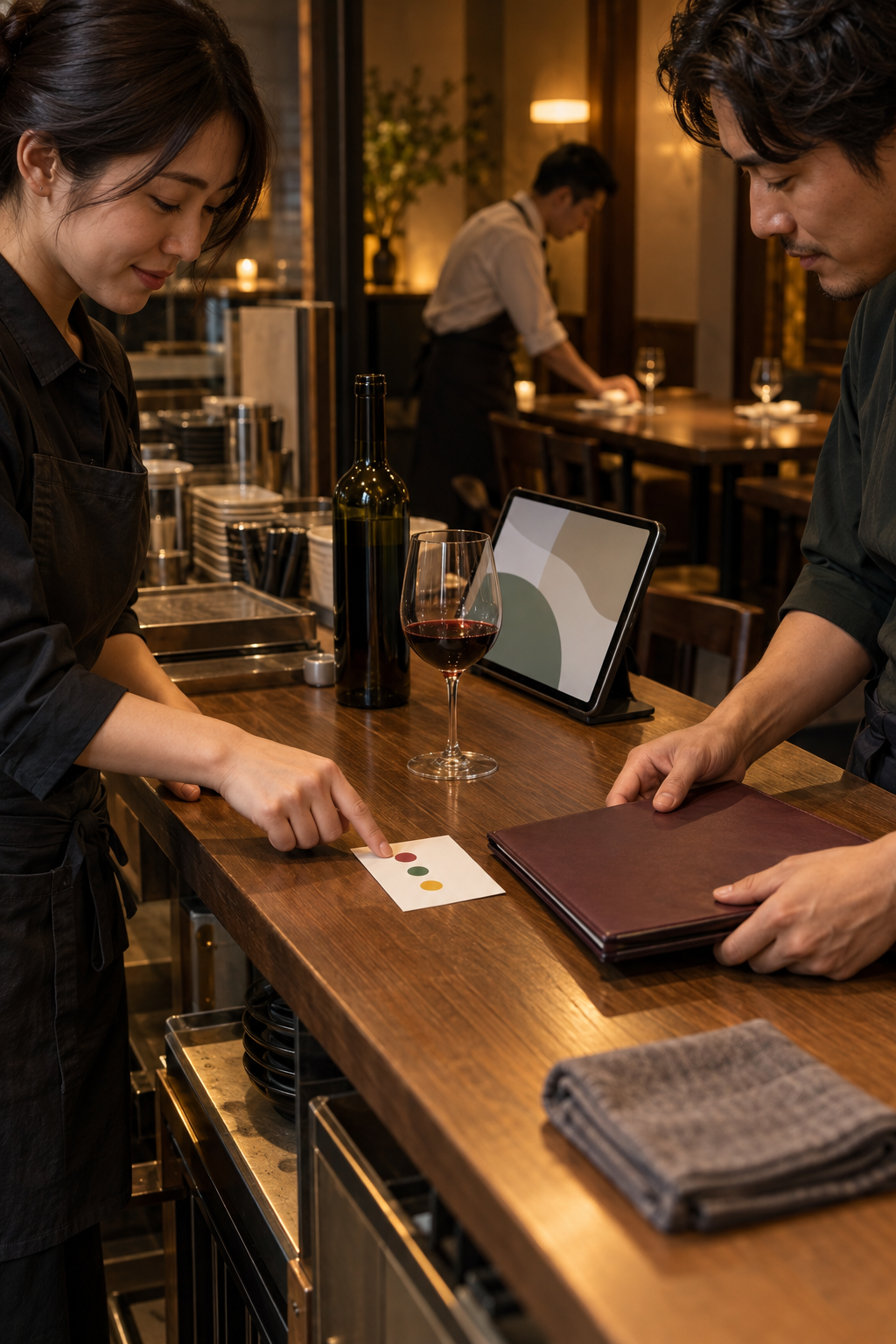 営業後の飲食店カウンターで、二人のスタッフが三つの色点だけを記した短い引継ぎカードを確認している場面