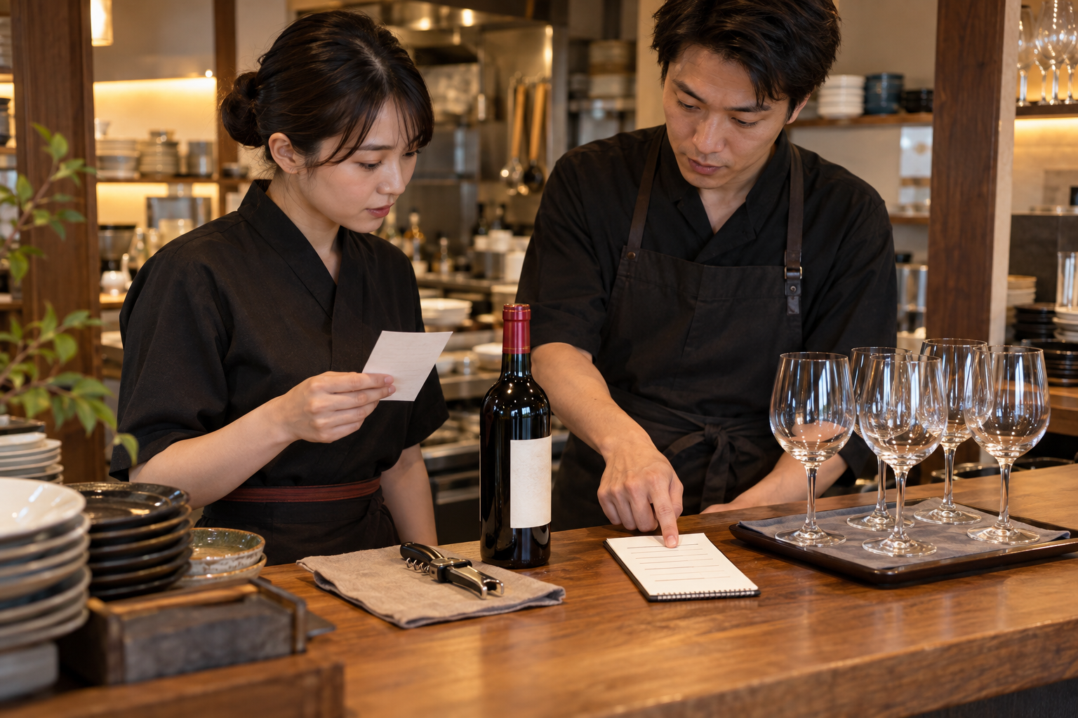 飲食店のサービス台で、二人のスタッフが注文票、未開栓ワイン、確認メモ、グラスを並べて確認している場面