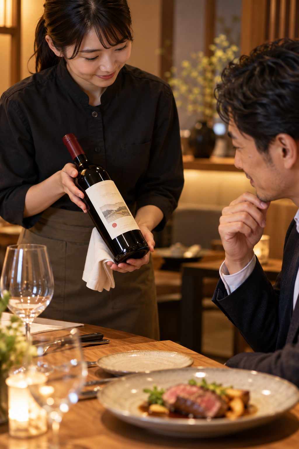 飲食店の客席で、未開栓のワインボトルのラベルをお客様へ向け、注文内容を確認しているスタッフ