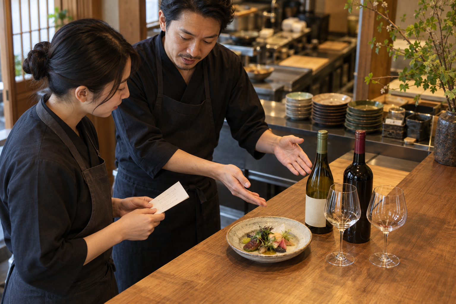 開店前の飲食店で、店長とスタッフが料理、二本のワイン、グラスを前に接客準備を確認している場面
