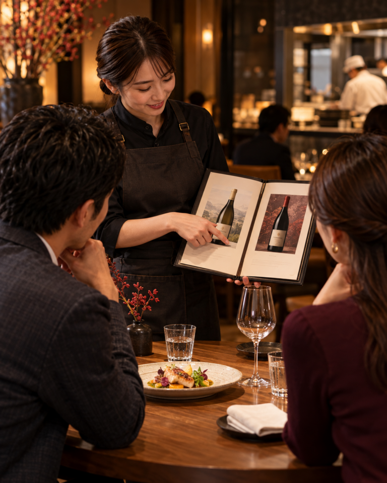 飲食店の客席で、スタッフが料理のあるテーブルへワインリストの二つの候補を示している場面