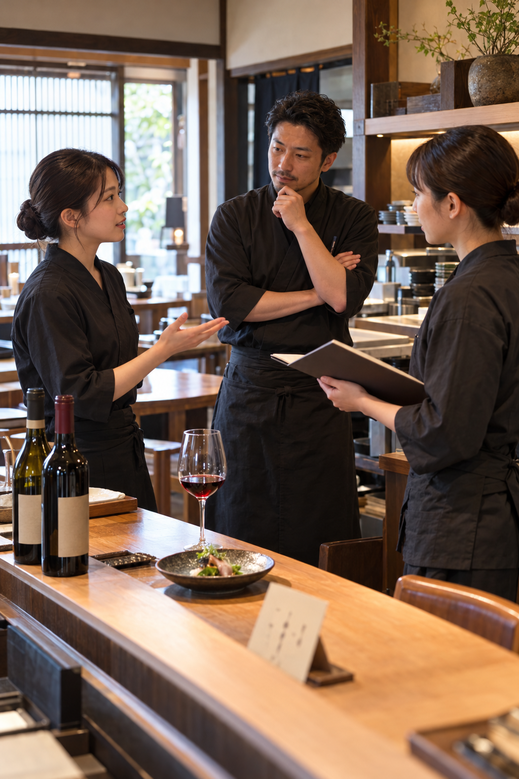 開店前の飲食店で、店長とホールスタッフ二人がワイン接客の一問を練習している場面
