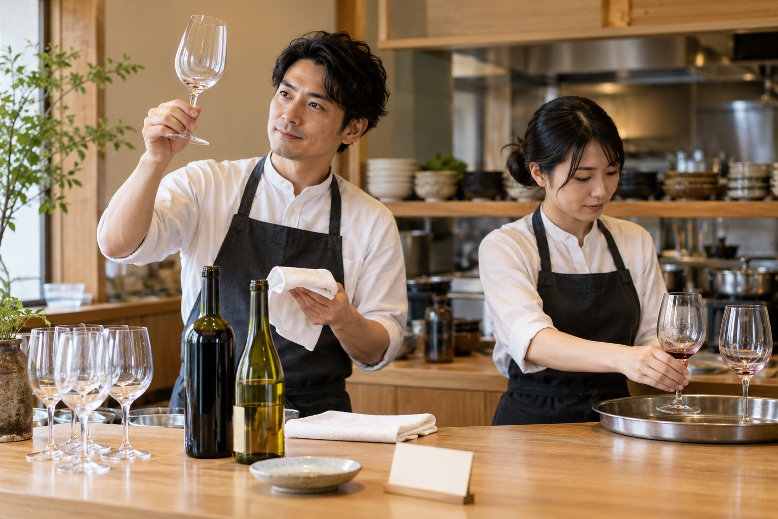 開店前の飲食店カウンターで、店長が清潔なワイングラスを確認し、ホールスタッフが赤ワインの残る使用後のグラスを別のトレーへ置いている場面