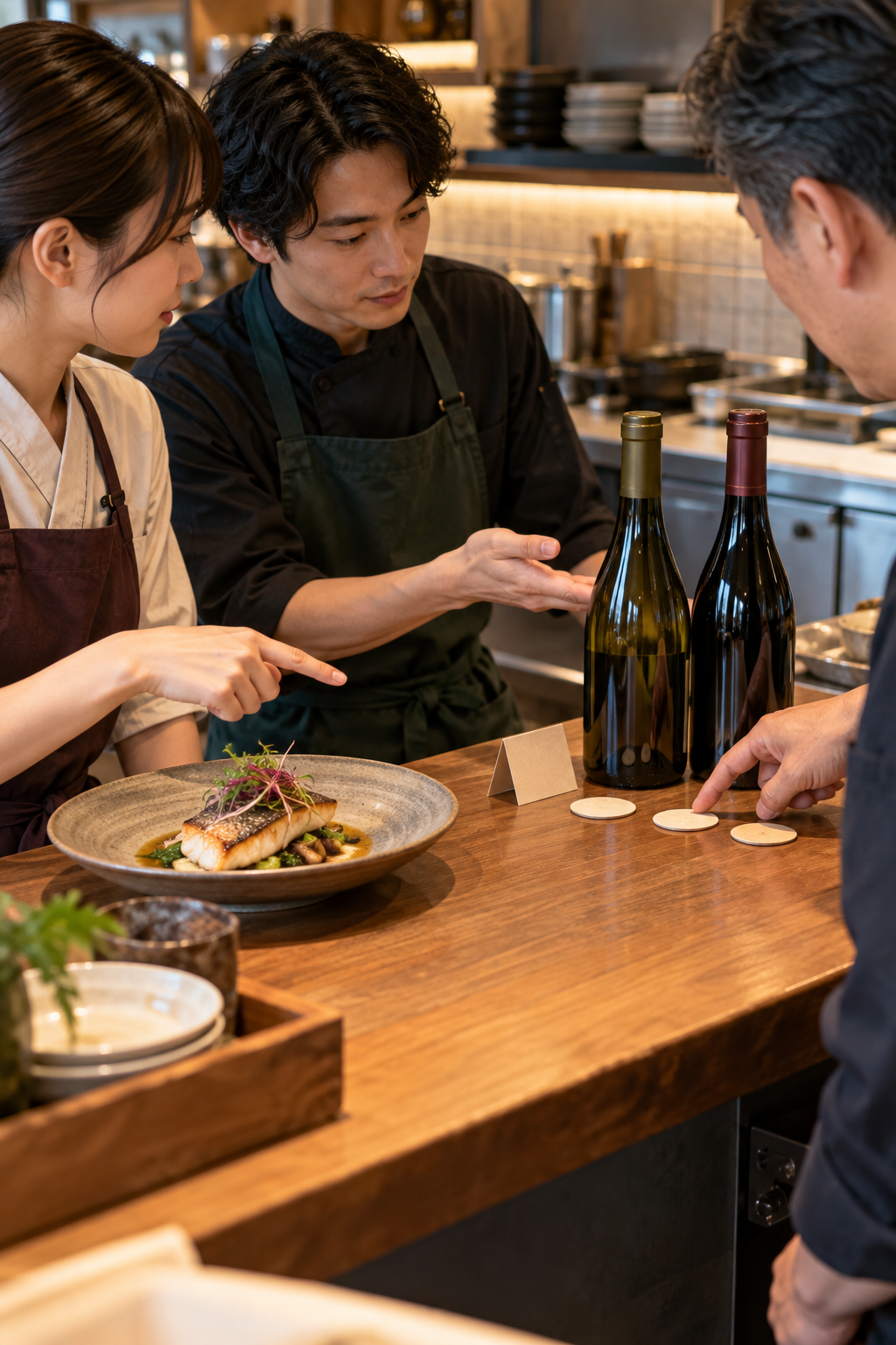 営業前の飲食店で、スタッフ二人と店長が魚料理、無記名のワインボトル、三つの丸い目印を前に接客で扱う範囲を確認している場面