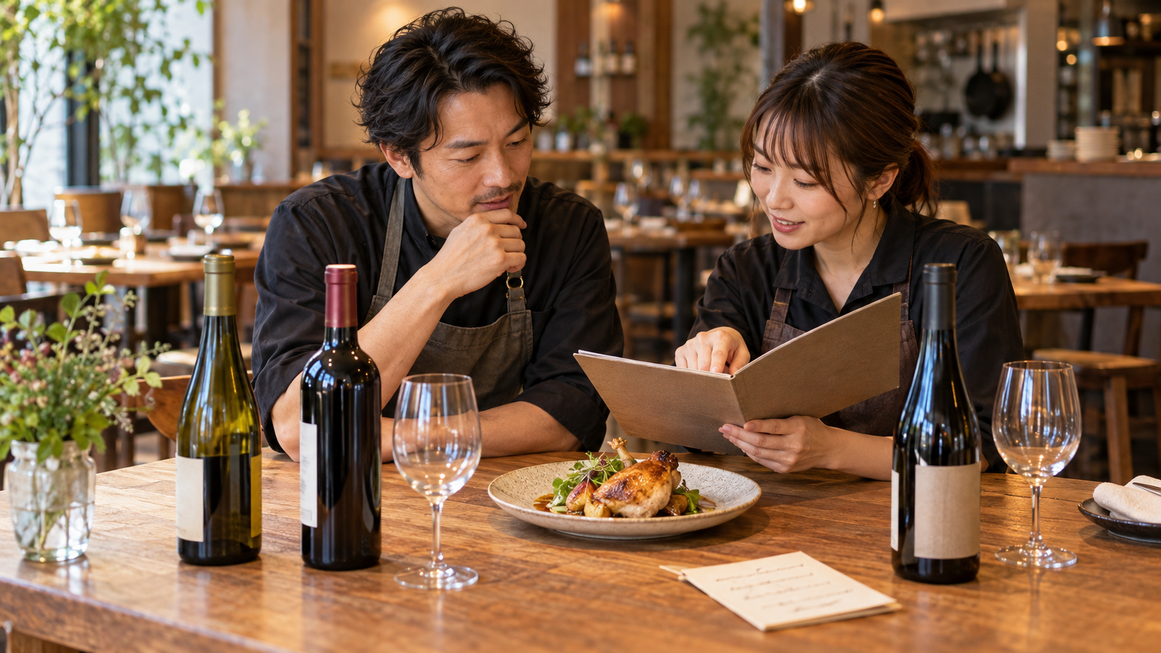開店前の小さな飲食店で、店長とホールスタッフが料理と三本のワインを前にワインリストを確認している場面