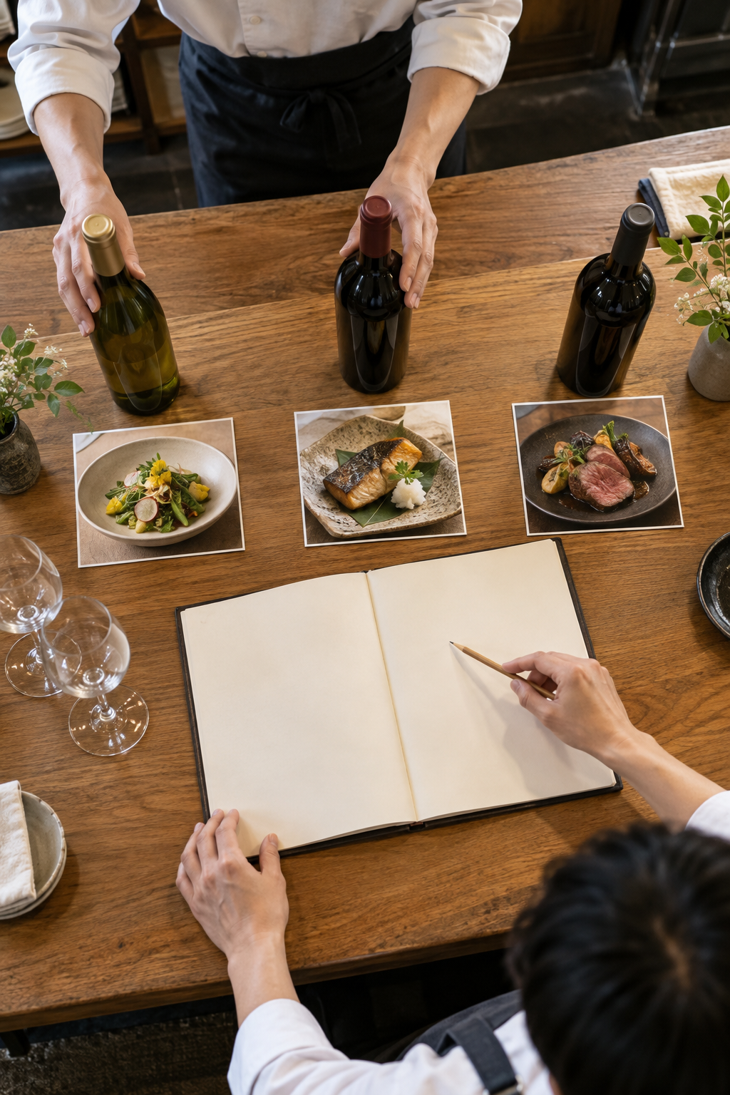 飲食店の営業前に、スタッフが前菜、魚料理、肉料理の写真と三本のワインをカウンター上で対応させている場面