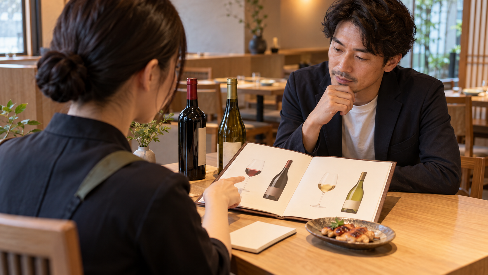 営業前の飲食店で、スタッフ役が開いたワインリストと二本の候補を示し、店長役が客席から選びやすさを確かめるロールプレイの場面