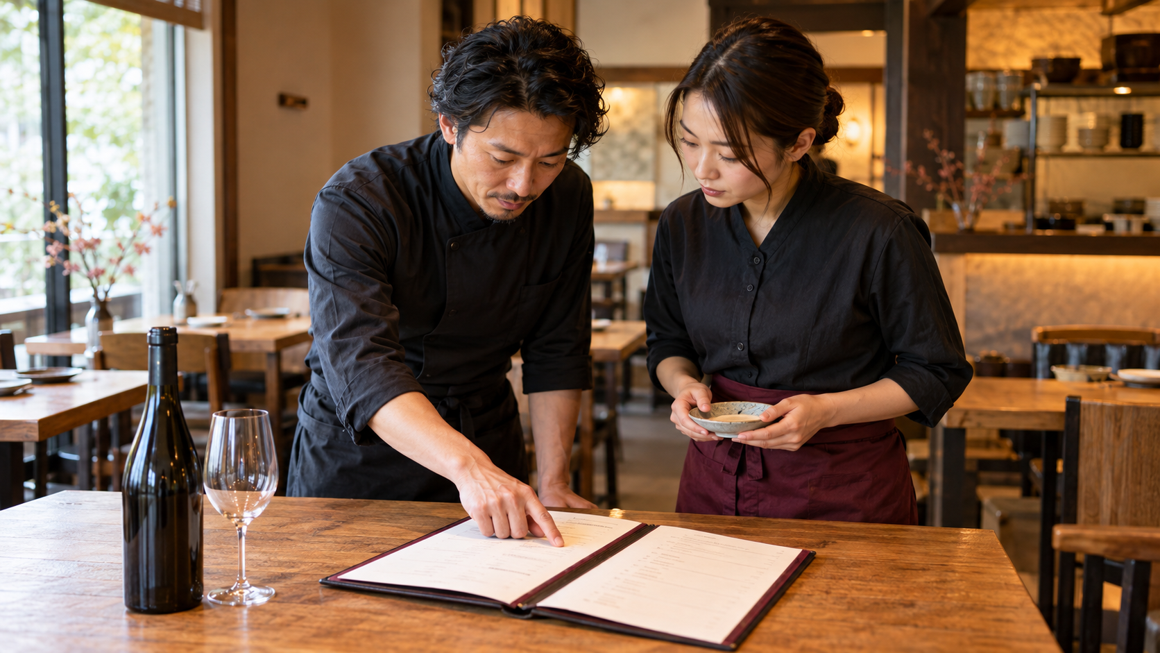 開店前の飲食店で、店長が開いたワインメニューの一行を指し、ホールスタッフが料理を持っておすすめ理由を確認している場面