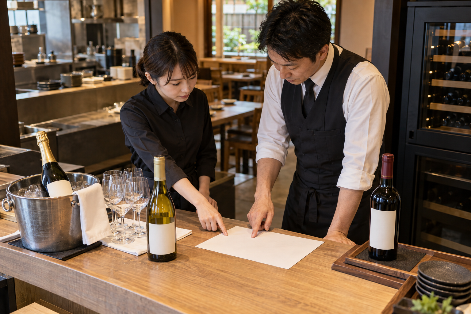 開店前の飲食店で、店長とスタッフがスパークリング、白、赤の未開栓ボトルを前に開栓計画を確認している場面