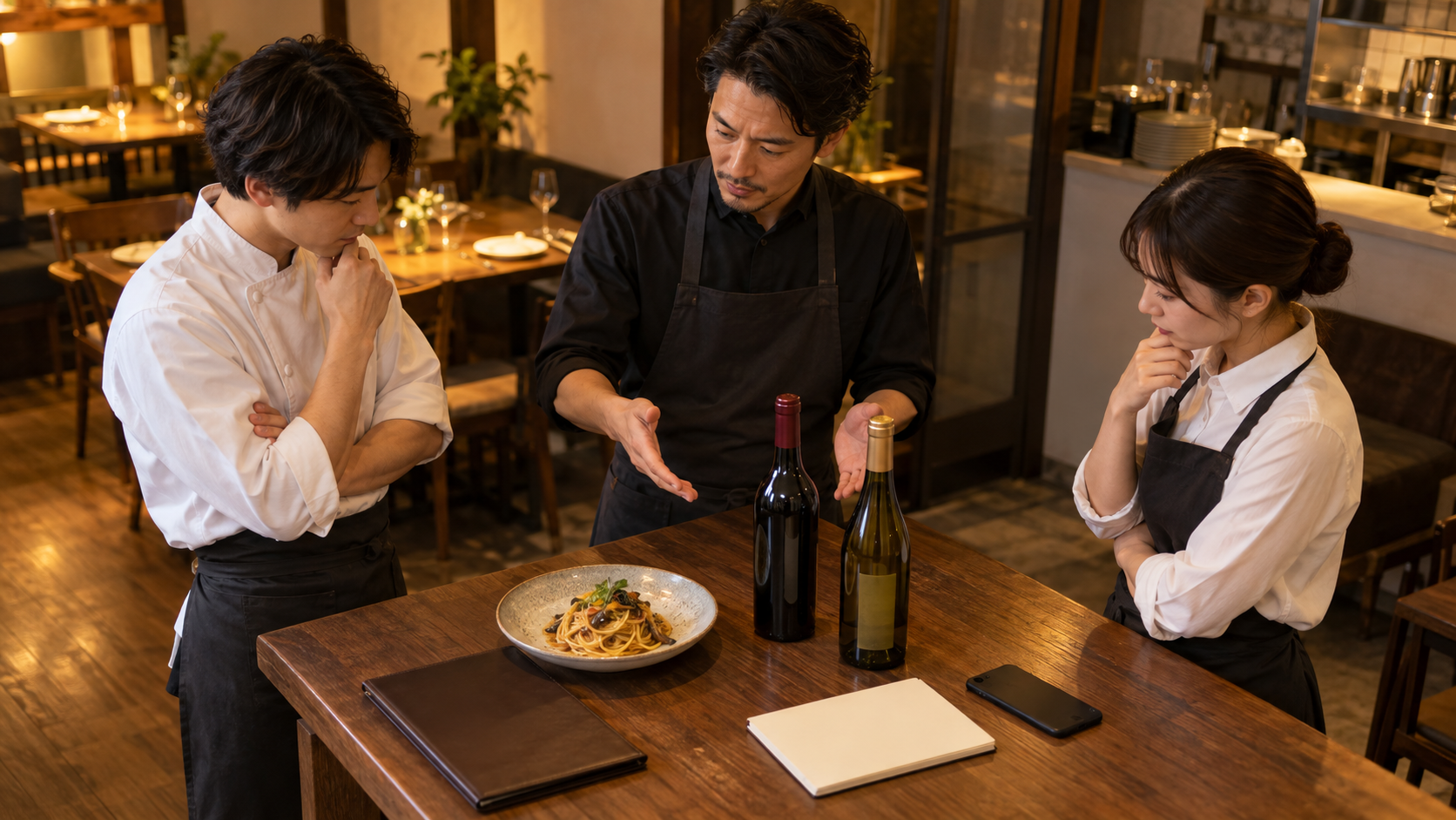 営業前の店内で、店長と二人のスタッフがパスタ料理と赤白の候補ワインを囲んで短い打合せをしている場面