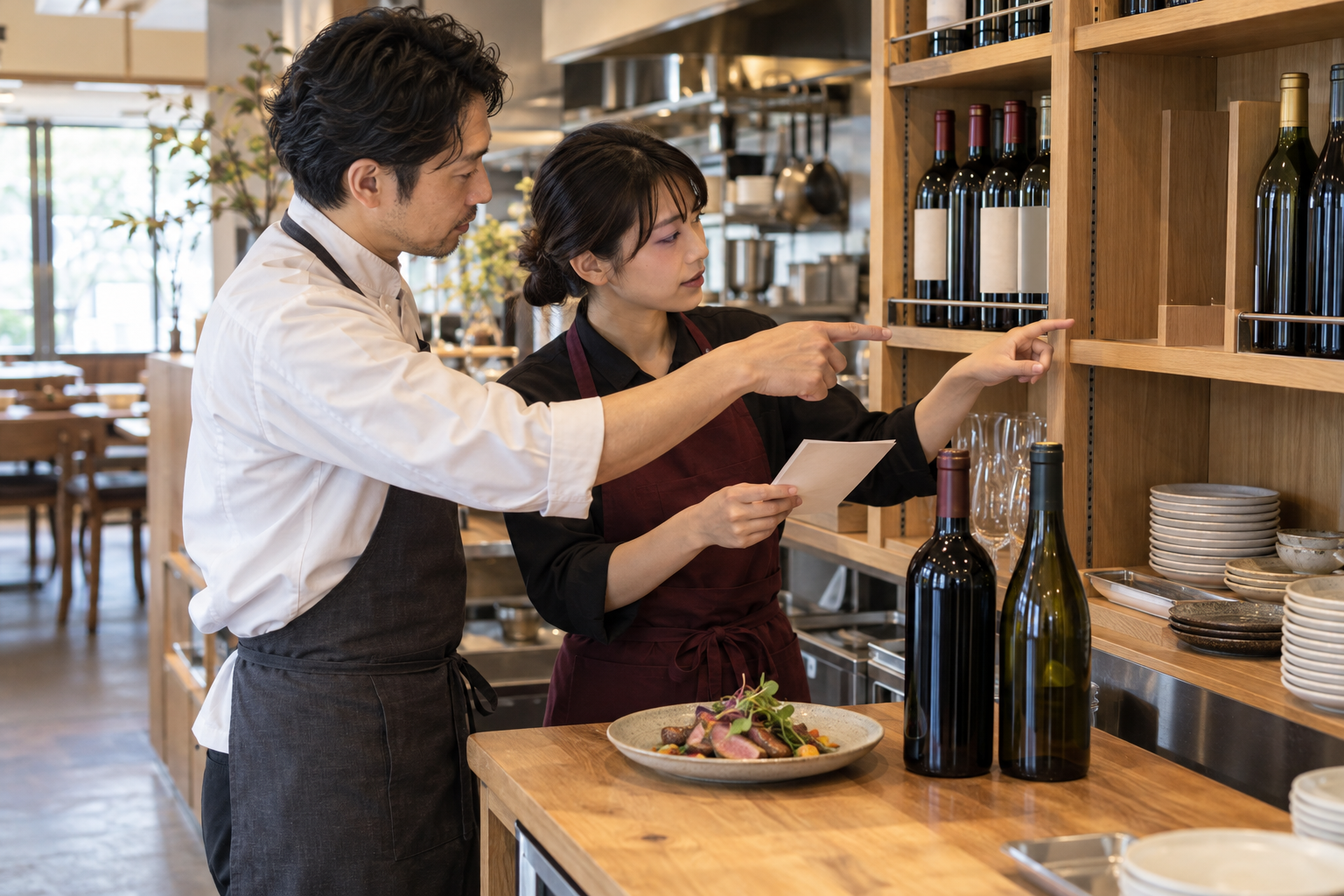 開店前のカウンターで二人の飲食店スタッフが魚料理とワインボトルを見比べ、代替候補を確認する場面