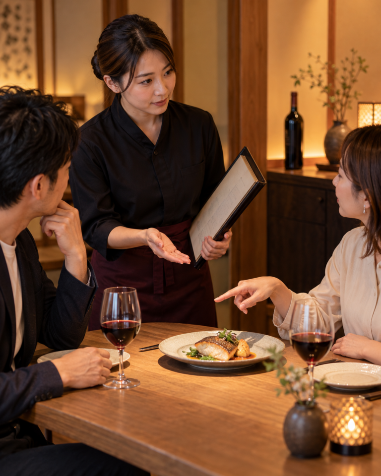 飲食店の客席で、ホールスタッフがワインの在庫を確認しながら二人のお客様の希望を聞く場面