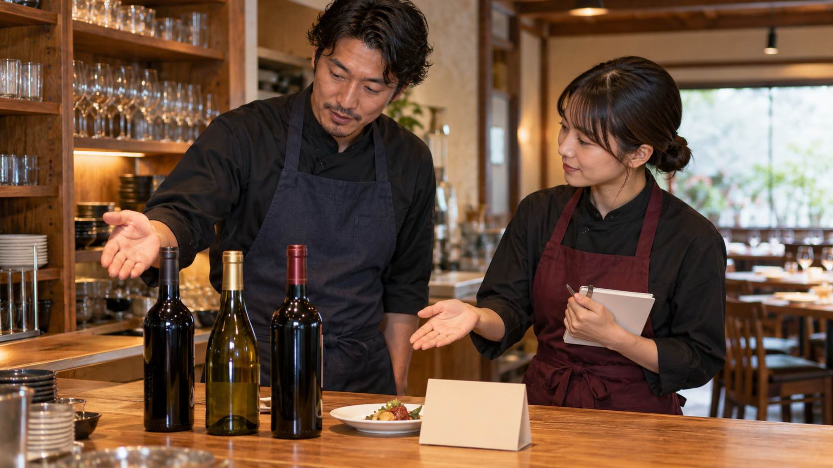開店前の飲食店で、二人のスタッフが三本のワイン、料理、メモを前に、価格に迷うお客様へ選択肢を示す練習をしている場面