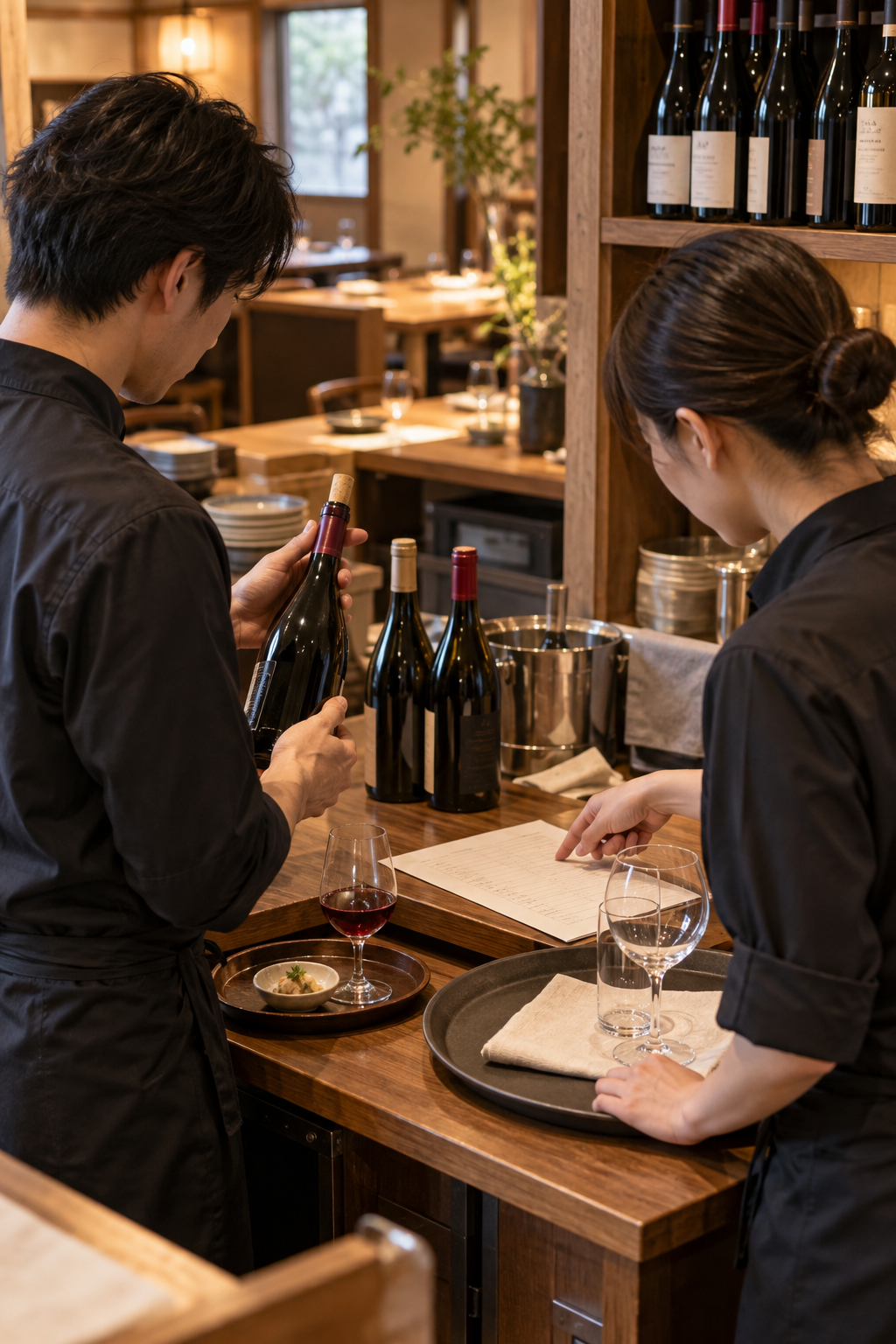 営業前の飲食店サービス台で、二人のスタッフがワインボトル、グラス、在庫表を照合している場面