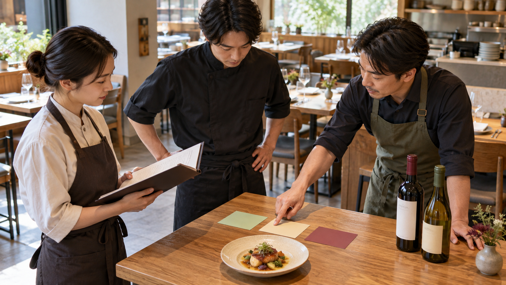 営業前の飲食店で、店長とスタッフが料理、二本のワイン、三枚のメモを囲んで質問共有の練習をしている場面