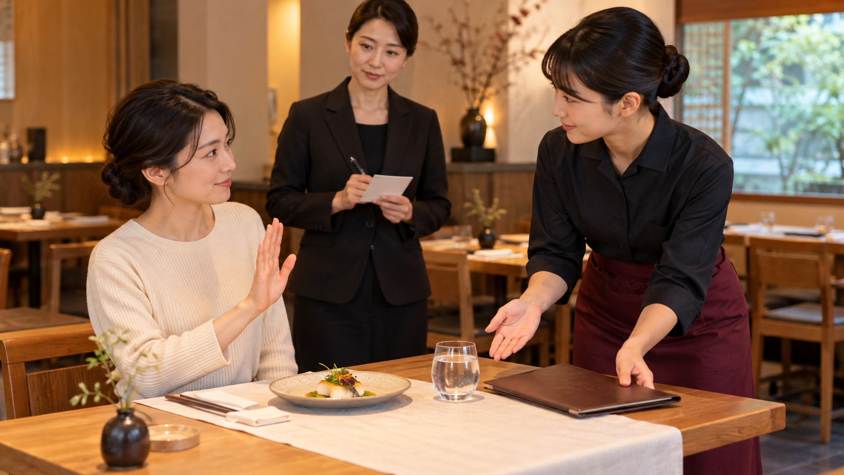 営業前の飲食店で、客席役がワインの提案を断り、新人スタッフが閉じたワインリストを脇に置いて水と料理の案内へ戻すロールプレイの場面
