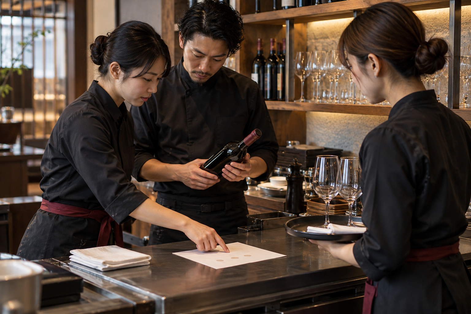 開店前の飲食店で三人のスタッフが、ワインボトル、グラスのトレー、共有メモを見ながら提供順を確認している場面